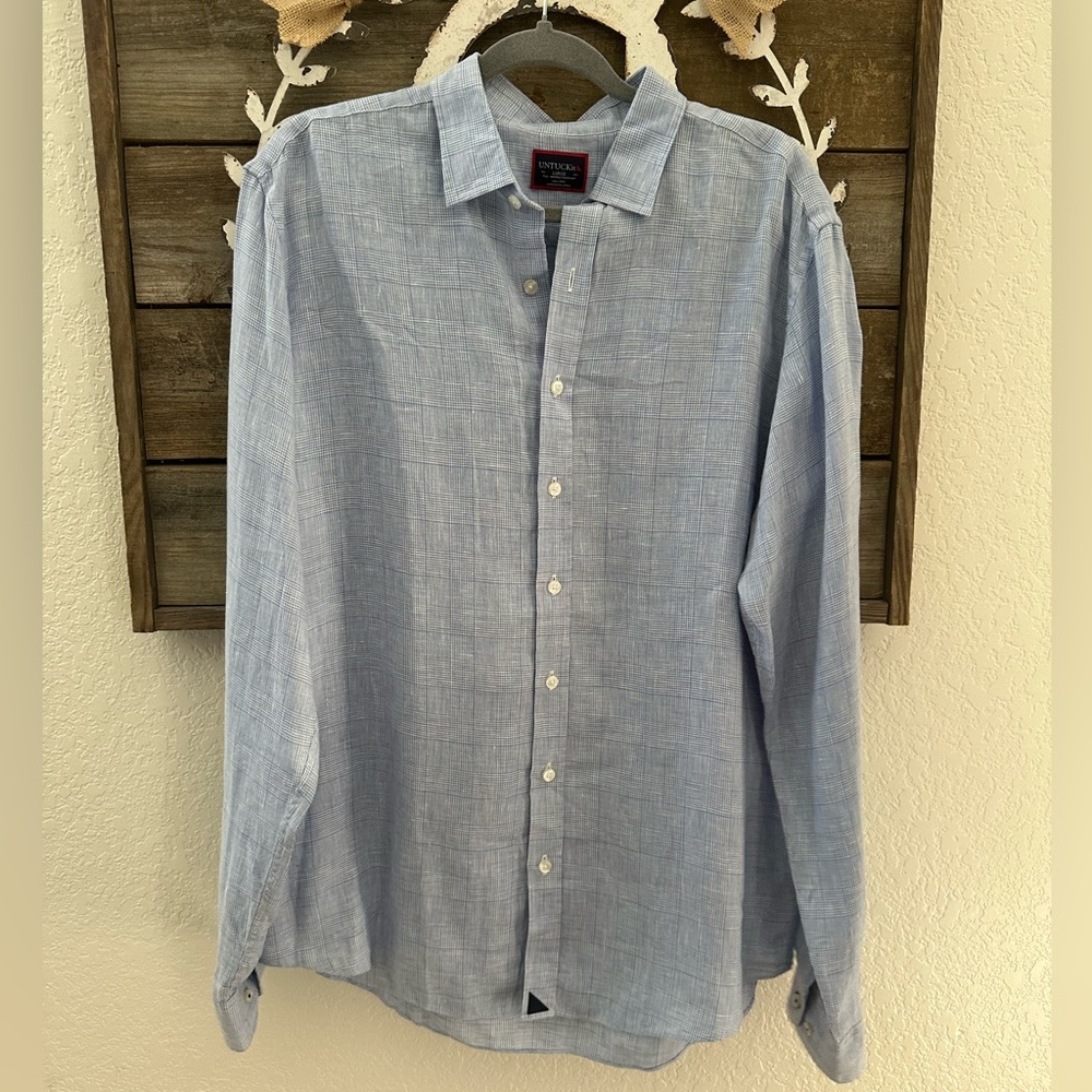 Untuckit Torontel WR blue 100% linen plaid‎ button down shirt men’s Large Tall